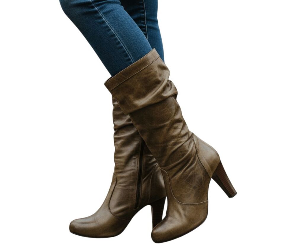 HOSIS SHOE DISTRICT Distressed Vera Pelle Slouchy Heeled Mid Calf Boot Size 38